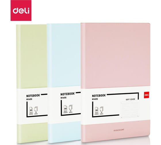 Блокнот DELI А5 96 листов 80 г/м твердая обложка, клетка 5x5 мм, голубой кожа EN140G 1793253