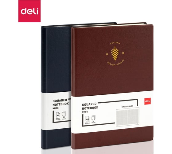 Блокнот DELI А5 96 листов 80 г/м твердая обложка, клетка 5x5 мм синий кожа EN116G 1793238