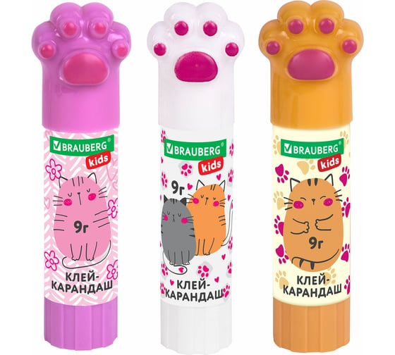 Клей-карандаш BRAUBERG Лапки Cat Paw, 9 г, фигурный колпачок, 3 шт на блистере, Kids 271982