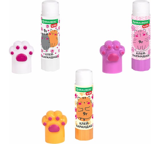 Клей-карандаш BRAUBERG Лапки Cat Paw, 9 г, фигурный колпачок, 3 шт на блистере, Kids 271982