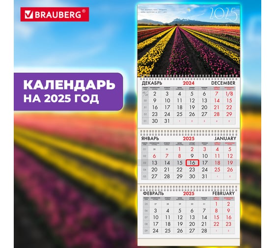 Календарь квартальный BRAUBERG на 2025 г., 3 блока, 3 гребня, с бегунком, офсет, Долина цветов, 116098