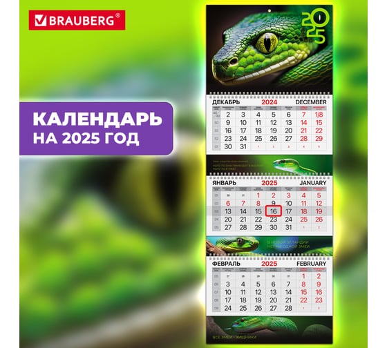 Календарь квартальный BRAUBERG на 2025 г., 3 блока, 3 гребня, с бегунком, мелованная бумага, Extra, Символ года, 116147