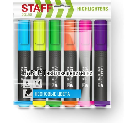 Набор текстовыделителей Staff 6 цветов, микс пастель/неон, College Stick, линия 1-4 мм, 152558 1