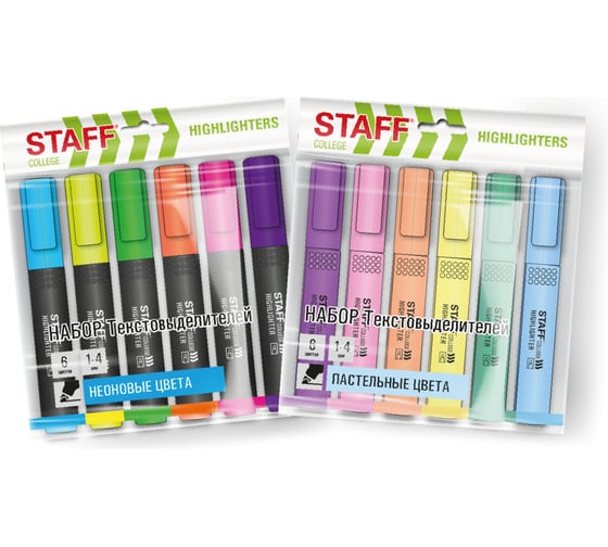 Набор текстовыделителей Staff 6 цветов, микс пастель/неон, College Stick, линия 1-4 мм, 152558