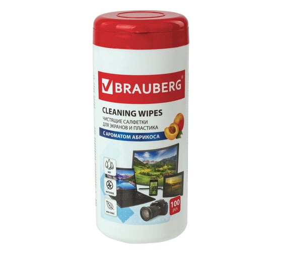 Салфетки для экранов всех типов и пластика BRAUBERG туба, 100 шт, влажные 513286