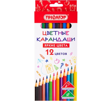 Карандаши цветные Пифагор ЭКО "КЛАССИК", 12 цветов, шестигранные 182048