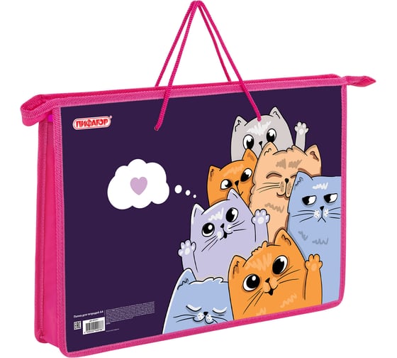 Папка Пифагор на молнии с ручками А4, 1 отделение, пластик, ручки-шнурок, Cats greetings, 272111 1