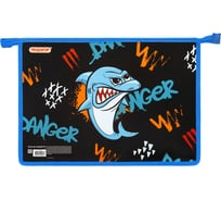 Папка Пифагор для тетрадей А4, 1 отделение, картон/пластик, на молнии, Angry shark, 272129