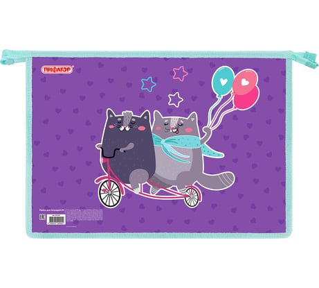 Папка Пифагор для тетрадей А4, 1 отделение, картон/пластик, на молнии, Bike cats, 272125