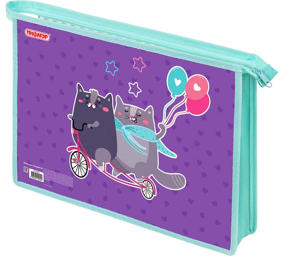 Папка Пифагор для тетрадей А4, 1 отделение, картон/пластик, на молнии, Bike cats, 272125