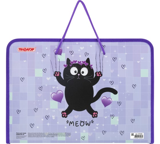 Папка Пифагор для труда на молнии с ручками А4, 1 отд., пластик, органайзер, Falling cat, 272226