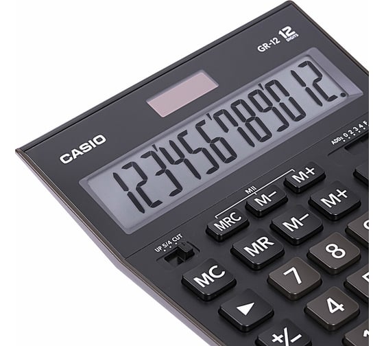 Калькулятор настольный CASIO GR-12-W (209x155 мм), 12 разрядов, двойное питание, черный, европодвес, GR-12-W-EP ОФИСМАГ 250380