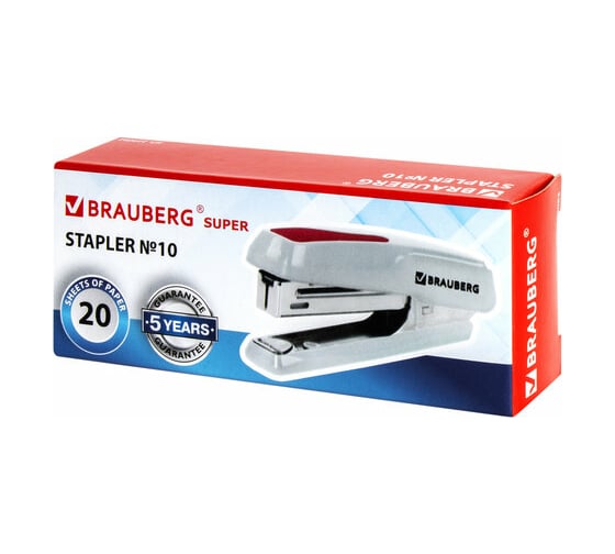 Степлер BRAUBERG Super №10, до 20 листов, антистеплер, серо-красный 229082