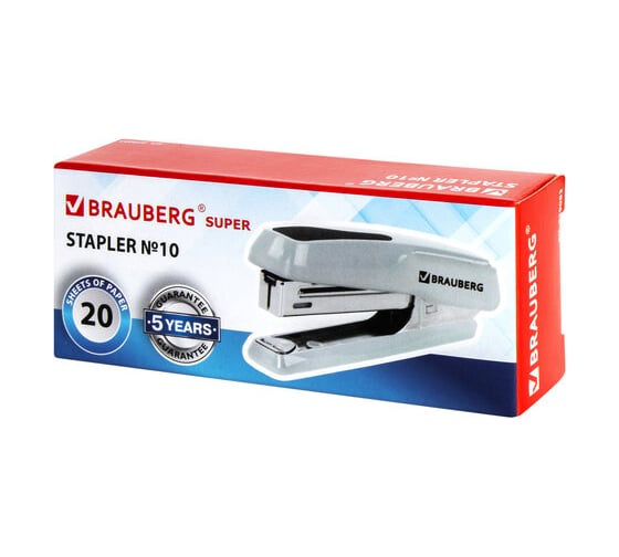 Степлер BRAUBERG Super №10, до 20 листов, антистеплер, серый 229083