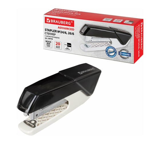 Степлер BRAUBERG ADVANCED №24/6 26/6, до 20 листов, с антистеплером, черный 228748