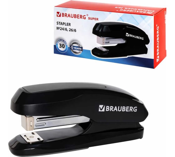 Степлер BRAUBERG Super №24/6 26/6, до 30 листов, черно-серый 229086