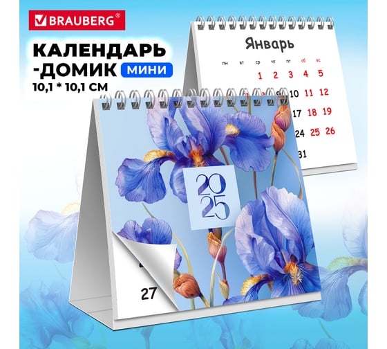 Календарь-домик настольный BRAUBERG на гребне, 2025г,, 101x101мм, Ирисы, 116267