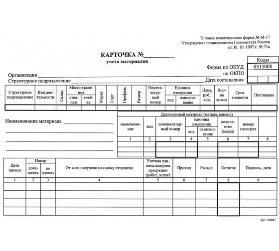 Бухгалтерский бланк Attache Карточка учета материалов М17 А5, 1000 шт в упаковке 117335