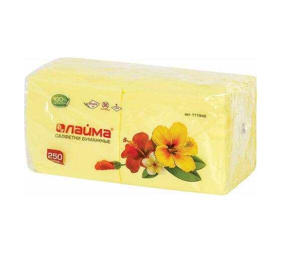 Бумажные салфетки ЛАЙМА 250 шт., 24х24 см, желтые пастель,100% целлюлоза 111948