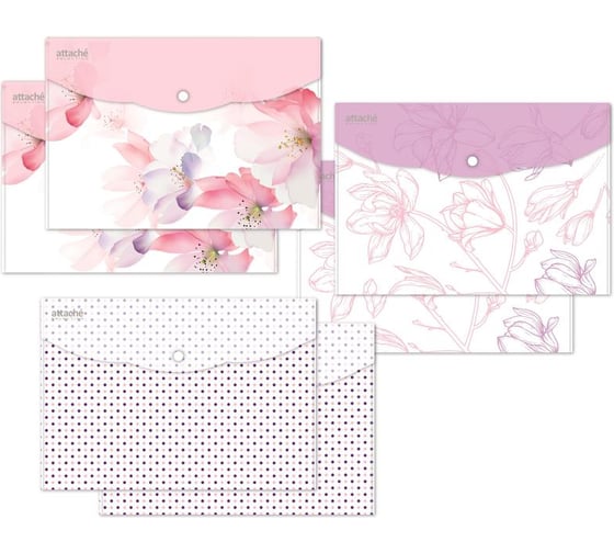 Папка-конверт на кнопке Attache Selection Flower Dreams А4, 180 мкм, ассорти, 6 шт 1056322 1