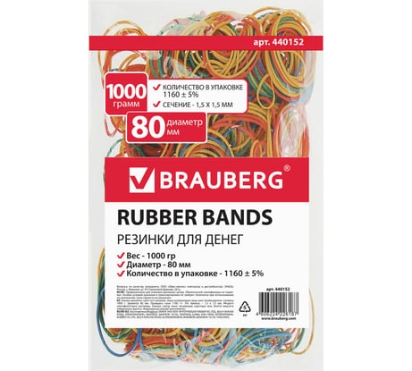 Банковские резинки BRAUBERG цветные, натуральный каучук, 1000 г, диаметр 80 мм 440152