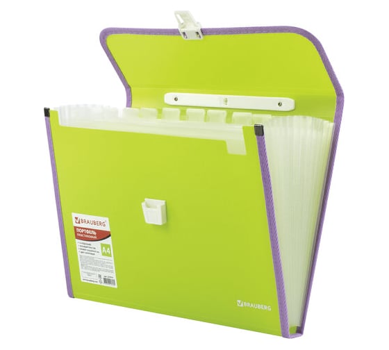 Пластиковая папка-портфель BRAUBERG JOY А4, 13 отделений, с окантовкой, салатовый 227974