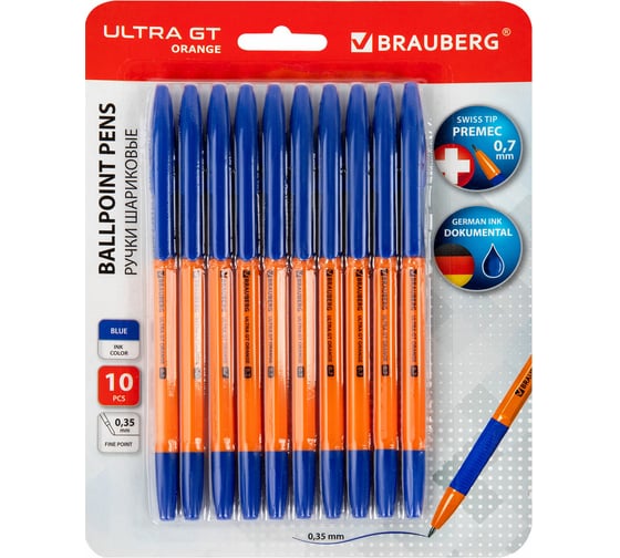 Ручки шариковые с грипом BRAUBERG "ULTRA GT ORANGE" 10 шт., синие, 0.35 мм, блистер 144057