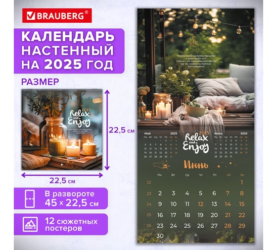 Календарь настенный перекидной 2025г,, 12 листов, 22,5x22,5см, МИНИ, Relax, BRAUBERG 116177