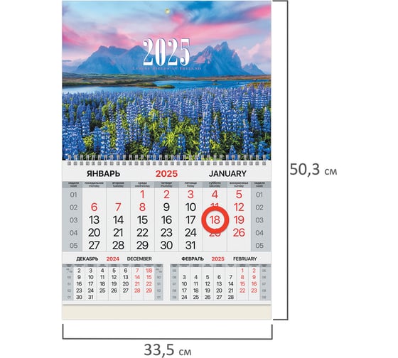 Календарь квартальный 2025г, 1 блок 1 гребень, магнит курсор, мел.бум,, Люпины, BRAUBERG 116085