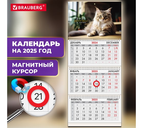 Календарь квартальный 2025г, 3 блока 3 гребеня, магнит курсор, мел.бум,, Котик, BRAUBERG 116157