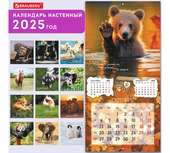 Календарь настенный перекидной 2025г,, 12 листов, 29x29см, Детёныши, BRAUBERG 116171