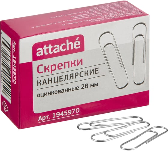 Скрепки оцинкованные Attache 28 мм, негофрированные, 100 шт в упаковке 1945970