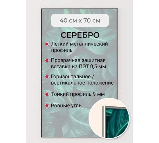 Фоторамка ООО Первое ателье серебристая алюминиевая рамка 40x70 см Niel-2sm-40х70 1