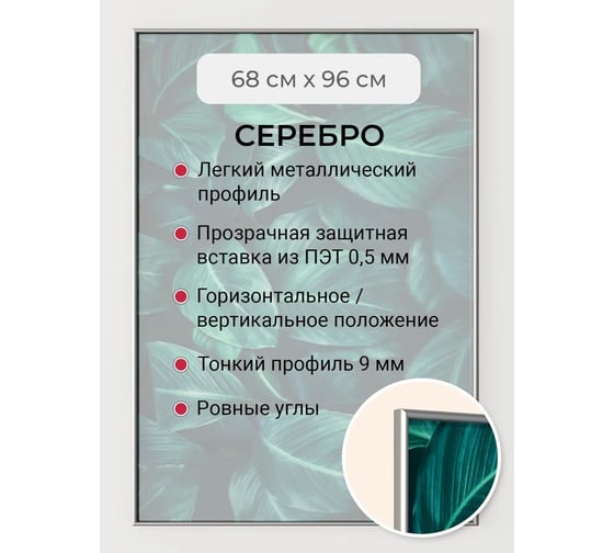 Фоторамка ООО Первое ателье серебристая алюминиевая рамка 68x96 см Niel-2sm-68х96 1