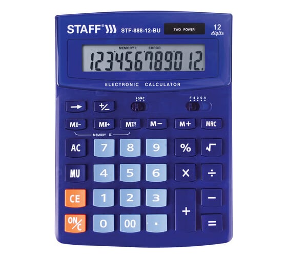 Настольный калькулятор STAFF STF-888-12-BU 200х150мм 12 разрядов, двойное питание, синий, 250455