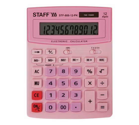Настольный калькулятор STAFF STF-888-12-PK 200х150мм, 12 разрядов, двойное питание, розовый, 250452