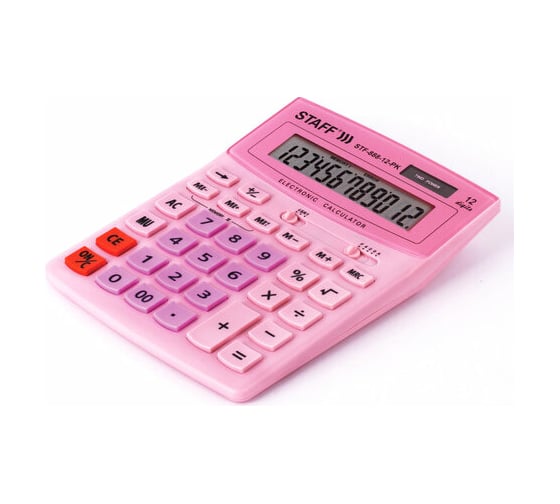Настольный калькулятор STAFF STF-888-12-PK 200х150мм, 12 разрядов, двойное питание, розовый, 250452
