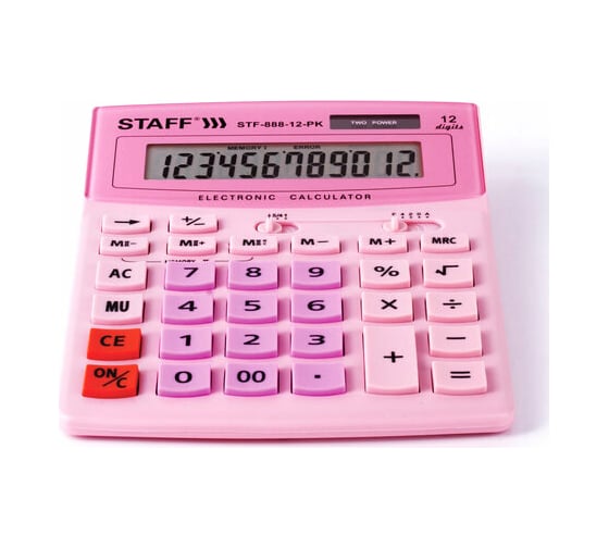 Настольный калькулятор STAFF STF-888-12-PK 200х150мм, 12 разрядов, двойное питание, розовый, 250452