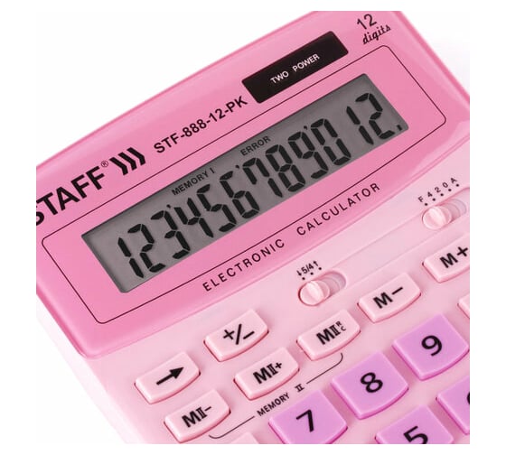 Настольный калькулятор STAFF STF-888-12-PK 200х150мм, 12 разрядов, двойное питание, розовый, 250452