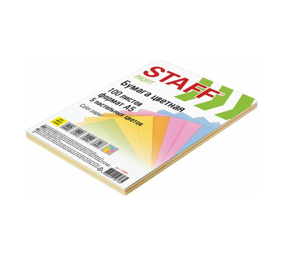 Цветная бумага STAFF Profit малого формата, А5, 80г/м, листов, 5 цветов х20 листов, цветная пастель, 110891