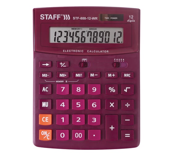 Настольный калькулятор STAFF STF-888-12-WR 200х150мм, 12 разрядов, двойное питание, бордовый, 250454