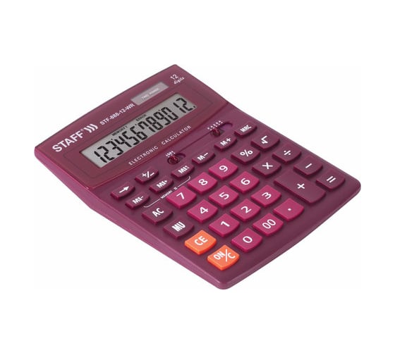 Настольный калькулятор STAFF STF-888-12-WR 200х150мм, 12 разрядов, двойное питание, бордовый, 250454