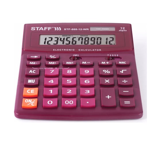 Настольный калькулятор STAFF STF-888-12-WR 200х150мм, 12 разрядов, двойное питание, бордовый, 250454