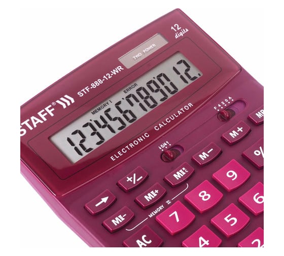 Настольный калькулятор STAFF STF-888-12-WR 200х150мм, 12 разрядов, двойное питание, бордовый, 250454