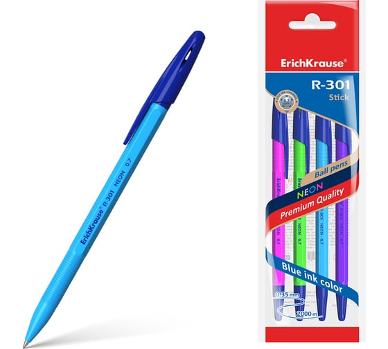 Набор из 4 ручек шариковых Erichkrause R-301 Stick Neon 1,0, цвет чернил синий (в пакете) 58089