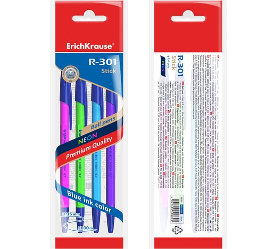 Набор из 4 ручек шариковых Erichkrause R-301 Stick Neon 1,0, цвет чернил синий (в пакете) 58089