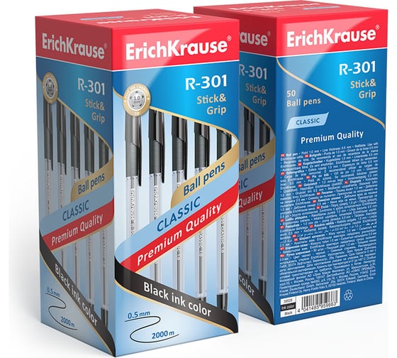 Ручка шариковая Erichkrause R-301 Stick&Grip Classic 1,0, цвет чернил черный (в коробке по 50 шт,) 39528