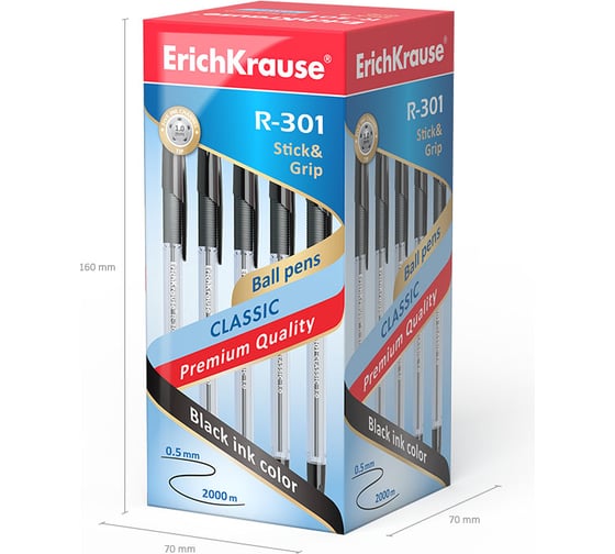Ручка шариковая Erichkrause R-301 Stick&Grip Classic 1,0, цвет чернил черный (в коробке по 50 шт,) 39528