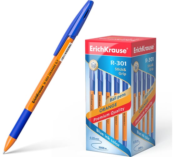 Ручка шариковая Erichkrause R-301 Stick&Grip Orange 0,7, цвет чернил синий (в коробке по 50 шт,) 39531