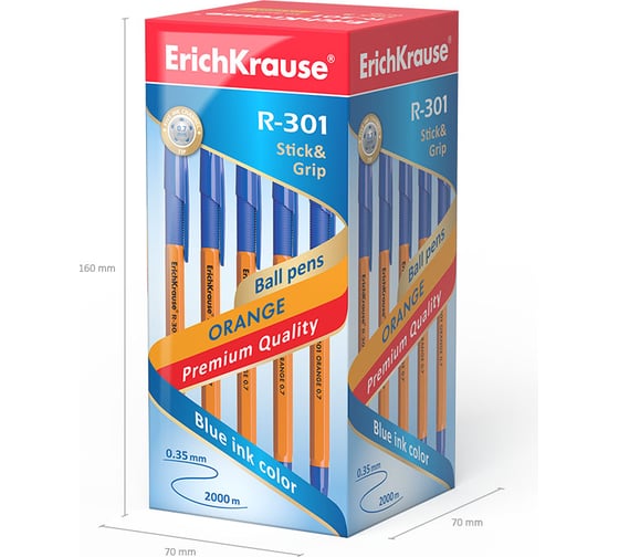 Ручка шариковая Erichkrause R-301 Stick&Grip Orange 0,7, цвет чернил синий (в коробке по 50 шт,) 39531
